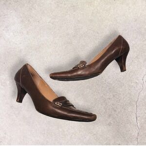 Etienne Aigner Brown Leather Loafer Pumps Square Toe Penny Heels Womens 8.5M